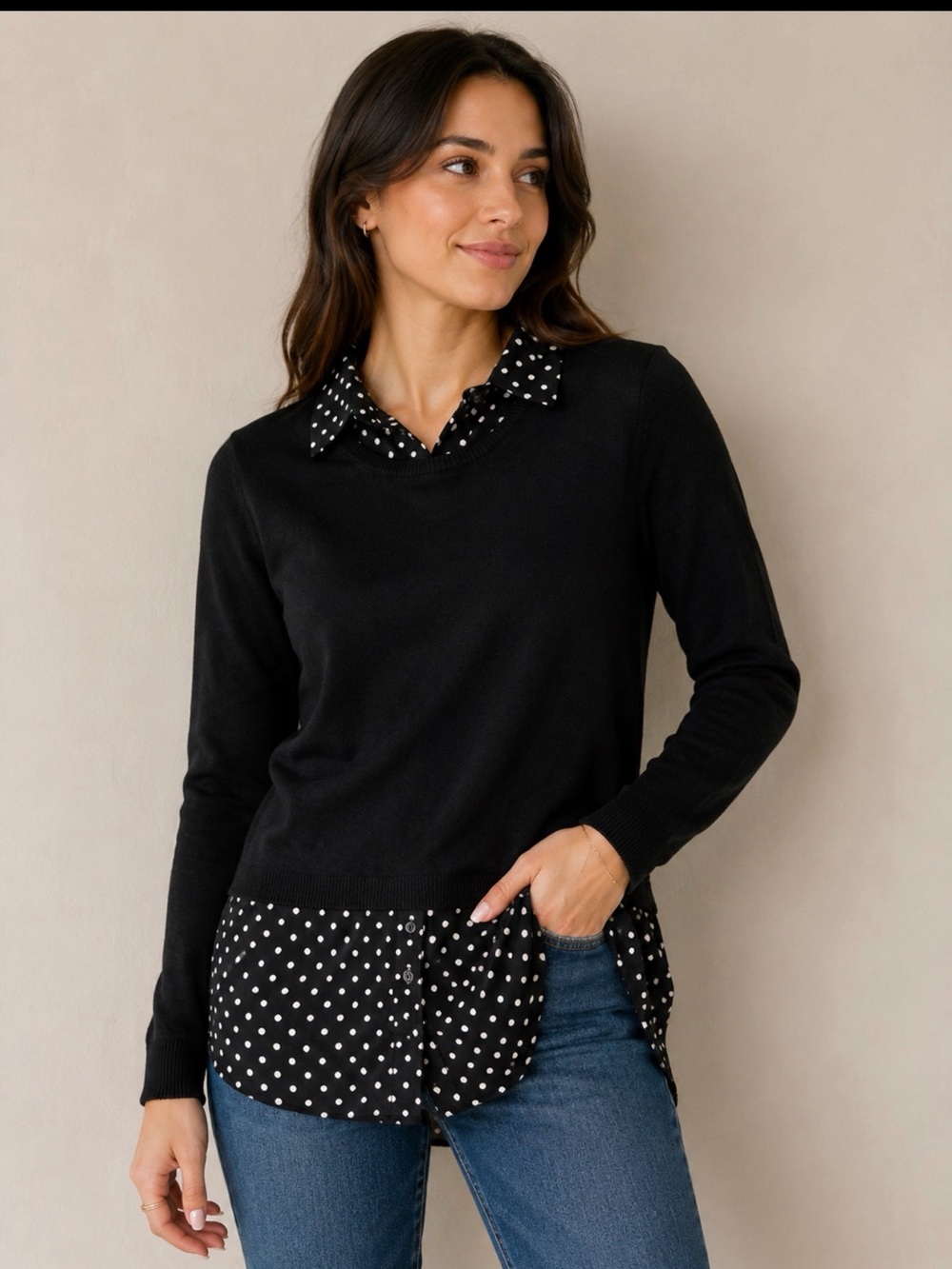 Adrianna Papell Black Layered-Look Crew Sweater with Polka Dot Shirt Detail